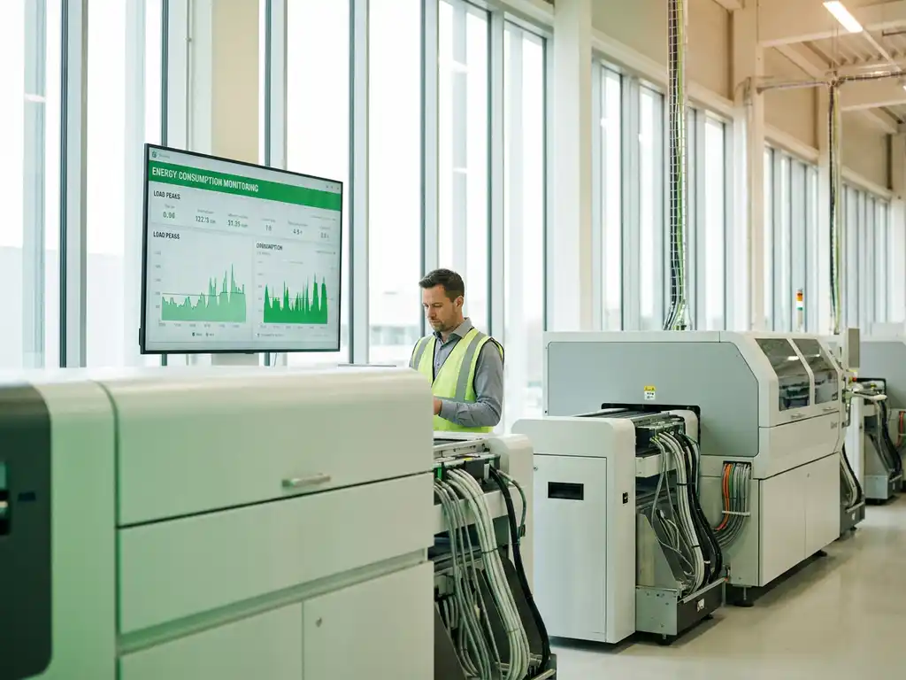 Energiemanager beobachtet digitales Verbrauchsdashboard in moderner Produktionshalle mit industriellen Maschinen und Tageslicht.