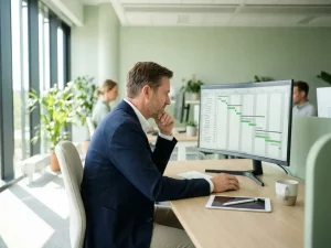 Energiemanager in den 40ern analysiert einen Gantt-Projektplan auf hellem Monitor in modernem Büro mit Tageslicht.