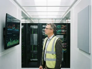 Energiemanager analysiert Stromverbrauchsdaten auf einem Wandmonitor in einem modernen Rechenzentrum mit beleuchteten Serverracks.