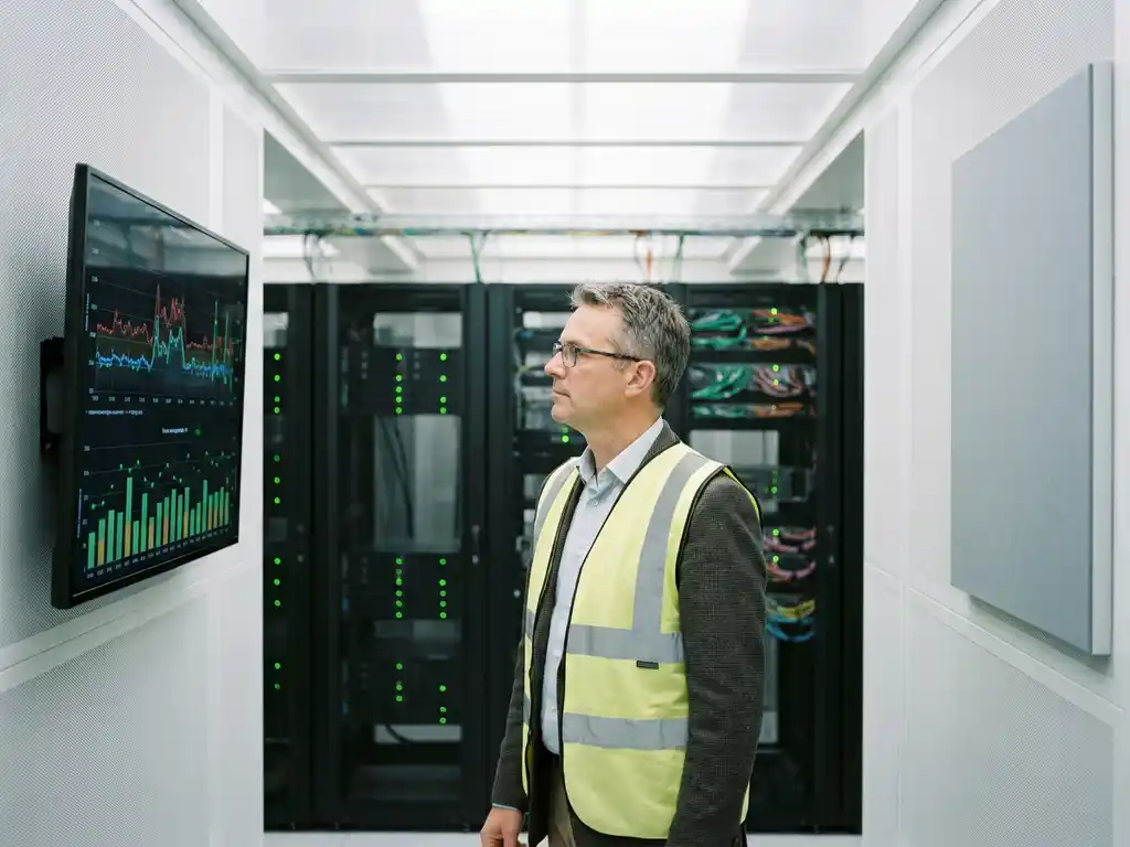 Energiemanager analysiert Stromverbrauchsdaten auf einem Wandmonitor in einem modernen Rechenzentrum mit beleuchteten Serverracks.