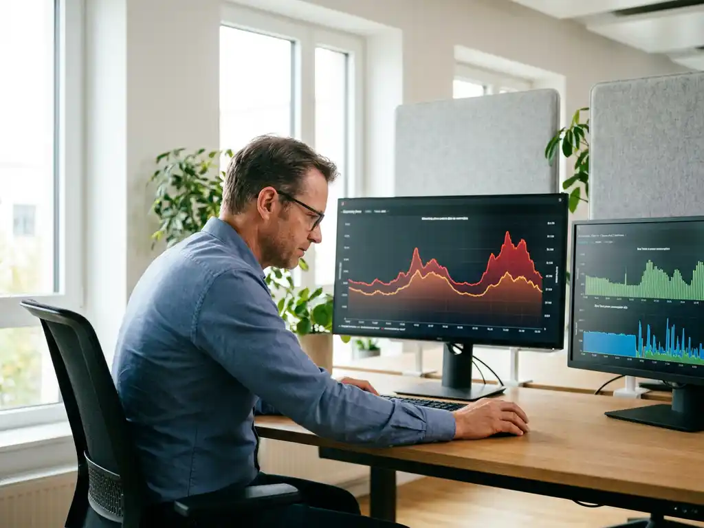 Energiemanager analysiert Strompreiskurven und Lastverbrauchsgraphen auf zwei Monitoren in modernem Büro.