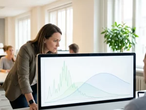 Energiemanager analysiert Verbrauchskurven auf Monitor mit grünen und blauen Linien im modernen Büro mit Tageslicht.