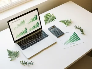 Draufsicht auf weißen Schreibtisch mit Laptop, Energieverbrauchsgrafiken, Taschenrechner und Balkendiagramm mit steigenden Werten, grüne Pflanzenzweige als Akzent.