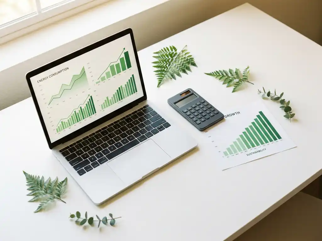 Draufsicht auf weißen Schreibtisch mit Laptop, Energieverbrauchsgrafiken, Taschenrechner und Balkendiagramm mit steigenden Werten, grüne Pflanzenzweige als Akzent.