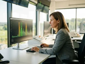 Facility Manager analysiert Energieverbrauchskarte mit grünen und gelben Lastspitzen auf hellem Monitor in modernem Industrieleitstand.