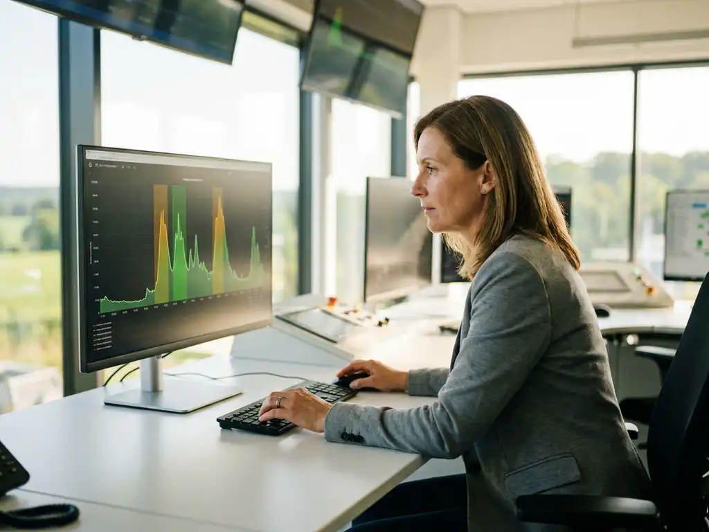 Facility Manager analysiert Energieverbrauchskarte mit grünen und gelben Lastspitzen auf hellem Monitor in modernem Industrieleitstand.