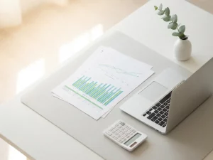Vogelperspektive auf Schreibtisch mit Energieverbrauchsdiagrammen, Laptop, Taschenrechner und grüner Pflanze im Tageslicht.