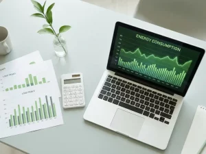 Draufsicht auf modernen Schreibtisch mit Laptop, Energieverbrauchsgrafiken, Taschenrechner und Balkendiagrammen zur Lastspitzenanalyse, grüner Pflanzenstiel als Akzent.