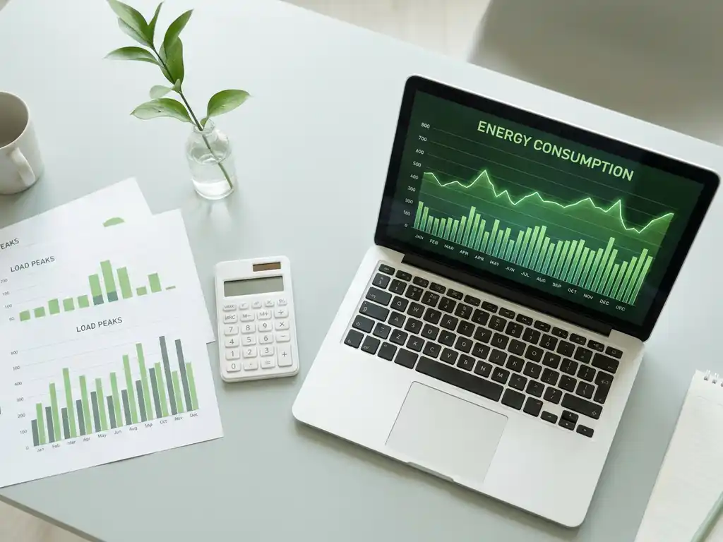 Draufsicht auf modernen Schreibtisch mit Laptop, Energieverbrauchsgrafiken, Taschenrechner und Balkendiagrammen zur Lastspitzenanalyse, grüner Pflanzenstiel als Akzent.