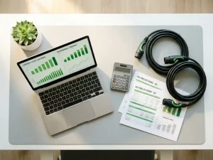 Schreibtisch-Flatlay mit Laptop zeigt Energiekostengrafiken, ROI-Diagramme, Taschenrechner und zwei aufgerollte Elektroauto-Ladekabel.