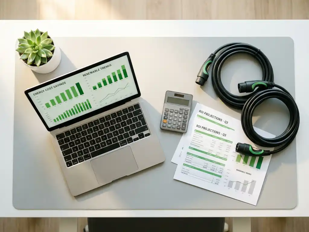 Schreibtisch-Flatlay mit Laptop zeigt Energiekostengrafiken, ROI-Diagramme, Taschenrechner und zwei aufgerollte Elektroauto-Ladekabel.