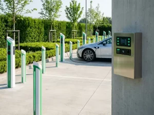 Moderner EV-Ladepark mit mehreren Ladestationen, wandmontierter Steuereinheit mit grünen LEDs und angeschlossenem Elektrofahrzeug im Tageslicht.