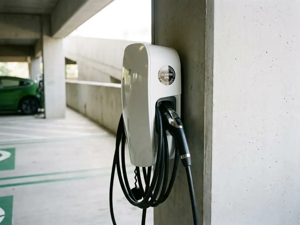 Weiße EV-Ladestation in einem Parkhaus mit Kalibrierungssiegel, ordentlichen Kabeln und natürlichem Tageslicht.
