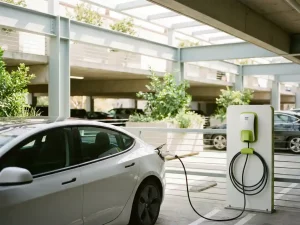 Elektroauto an moderner weißer EV-Ladestation in hellem Parkhaus mit sauberem Kabelmanagement und natürlichem Tageslicht.
