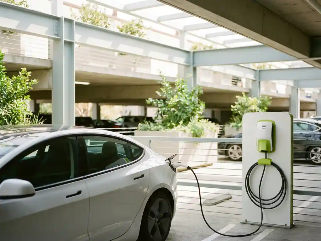 Elektroauto an moderner weißer EV-Ladestation in hellem Parkhaus mit sauberem Kabelmanagement und natürlichem Tageslicht.