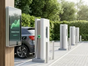 Weiße EV-Ladestationen auf einem modernen Firmenparkplatz, ein Fahrzeug lädt aktiv mit grünem Indikatorlicht.