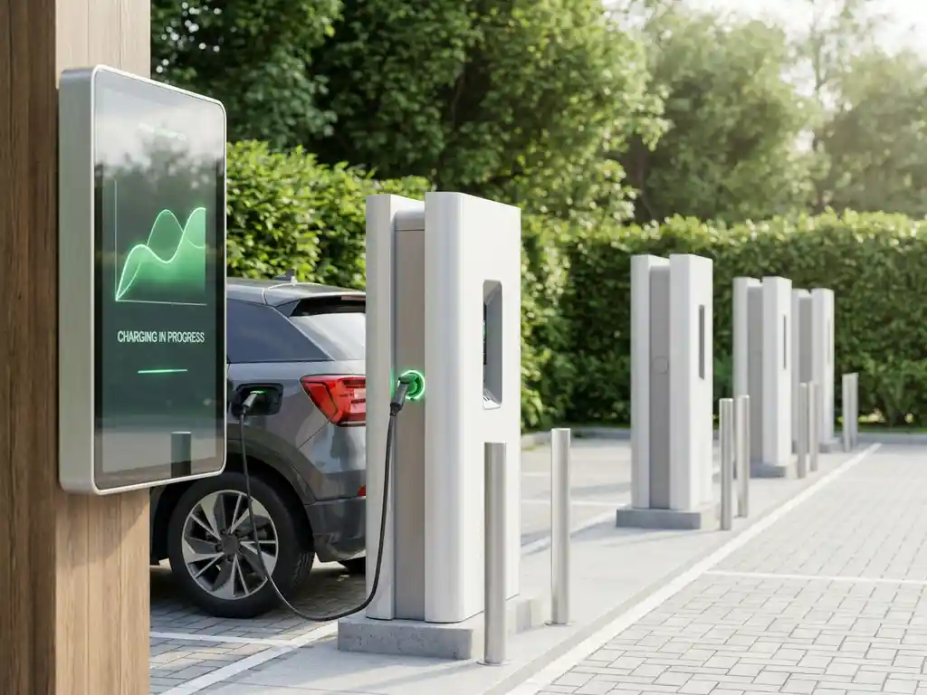 Weiße EV-Ladestationen auf einem modernen Firmenparkplatz, ein Fahrzeug lädt aktiv mit grünem Indikatorlicht.