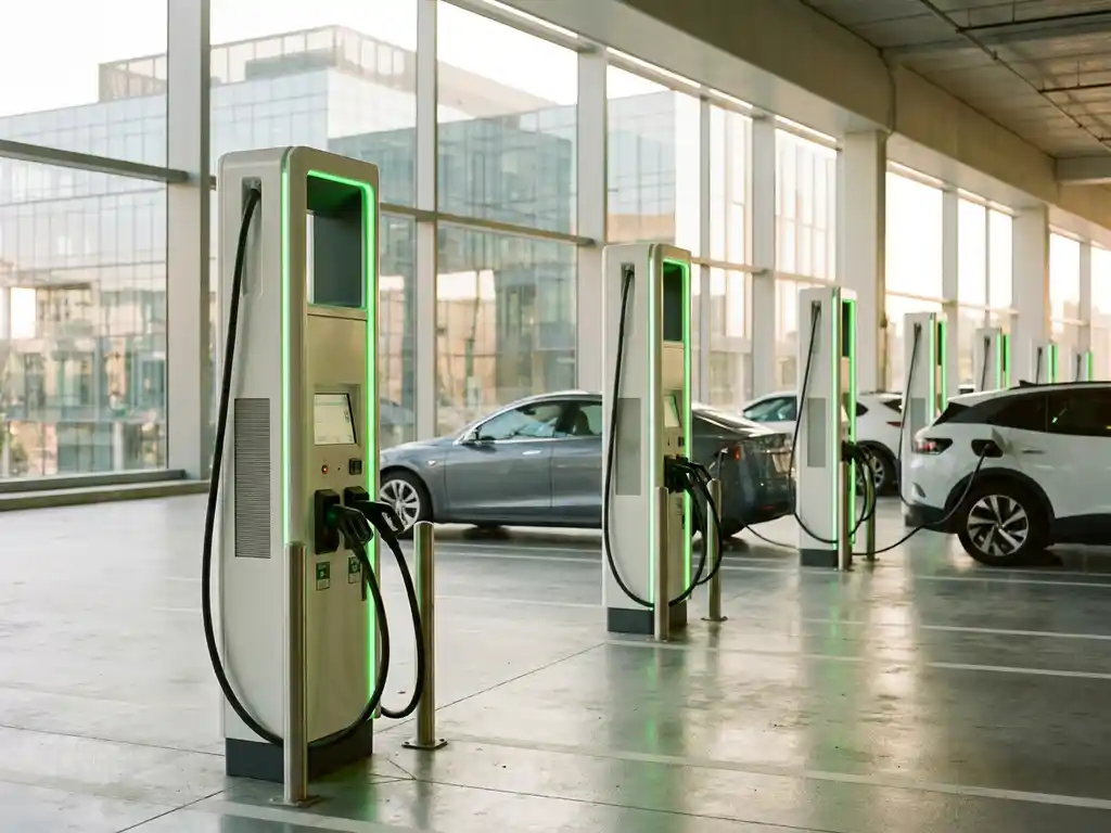 Moderne Elektroauto-Ladestation in hellem Parkhaus mit weißen Ladesäulen und grünen LED-Anzeigen.