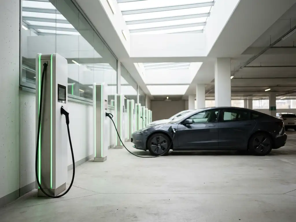 Reihe weißer EV-Ladestationen in hellem Parkhaus mit grüner Akzentbeleuchtung und angeschlossenem Elektroauto.