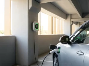 Elektroauto-Ladestation in hellem Firmenparkhaus mit weißem Ladekabel und grün leuchtendem Wanddisplay.