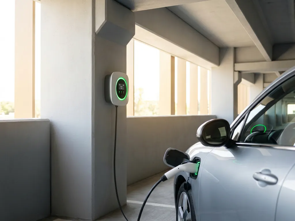 Elektroauto-Ladestation in hellem Firmenparkhaus mit weißem Ladekabel und grün leuchtendem Wanddisplay.