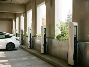 Weiße EV-Ladestationen in moderner Tiefgarage mit gedimmtem grünen Statuslicht, das Leistungsdrosselung anzeigt.