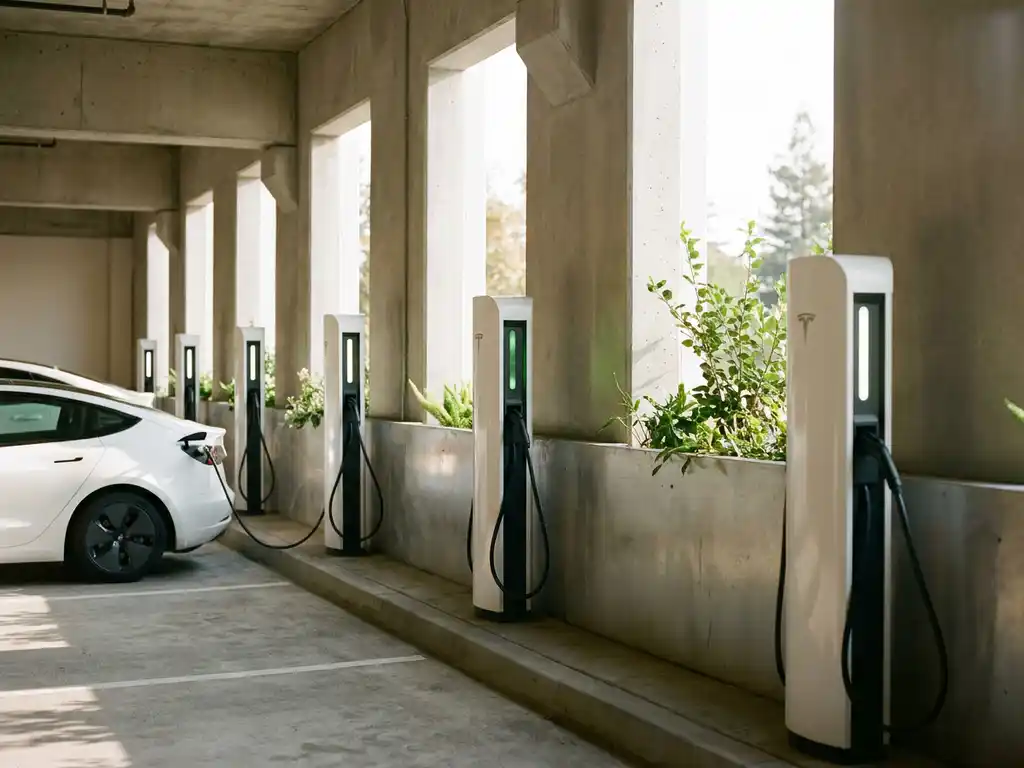Weiße EV-Ladestationen in moderner Tiefgarage mit gedimmtem grünen Statuslicht, das Leistungsdrosselung anzeigt.