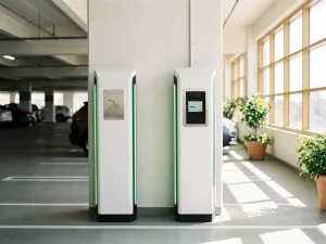 Zwei weiße EV-Ladestationen nebeneinander in einem hellen Parkhaus mit grünen Akzenten und Tageslicht.