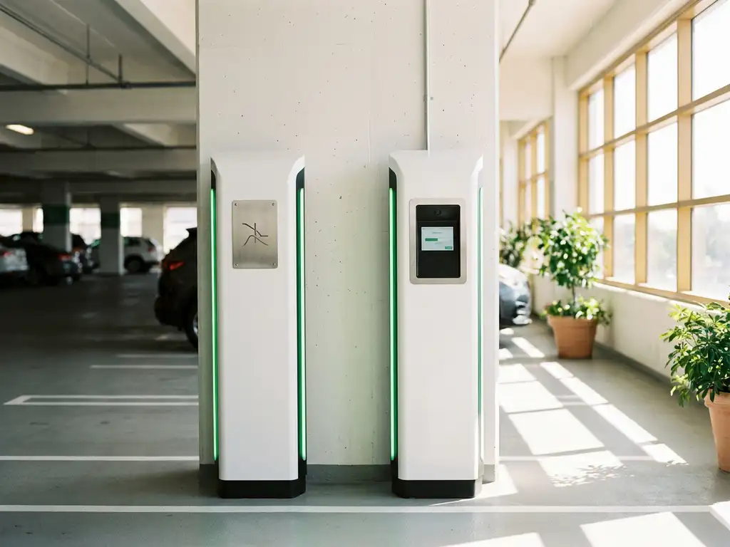 Zwei weiße EV-Ladestationen nebeneinander in einem hellen Parkhaus mit grünen Akzenten und Tageslicht.