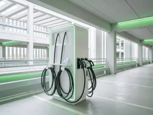 EV-Ladestation in einem Firmenparkhaus mit mehreren Ladesteckern, Zugangskarte und grüner Akzentbeleuchtung.