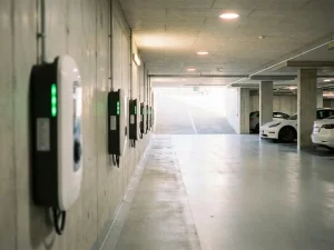 EV-Ladestationen mit grünen Statuslichtern in einem modernen Tiefgaragenparkhaus eines Gewerbegebäudes.