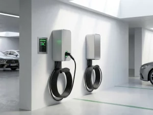 Zwei wandmontierte EV-Ladestationen in einer modernen Tiefgarage mit grünen Statuslichtern und ordentlich verlegten Kabeln.