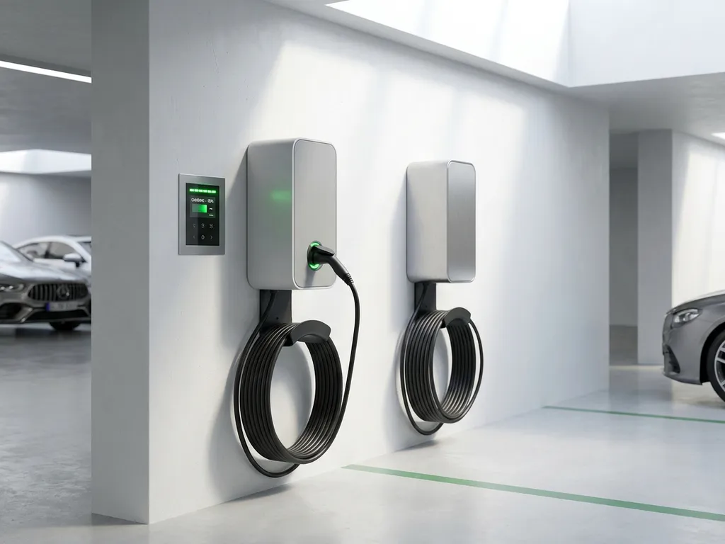 Zwei wandmontierte EV-Ladestationen in einer modernen Tiefgarage mit grünen Statuslichtern und ordentlich verlegten Kabeln.