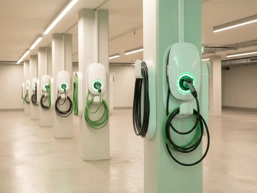 Weiße EV-Ladestationen mit grünen LED-Anzeigen in einer modernen, beleuchteten Tiefgarage mit geordnetem Kabelmanagement.