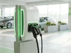 AC Type 2- und DC CCS-Ladestecker an einer modernen Elektroauto-Ladestation in einem Firmenparkhaus.
