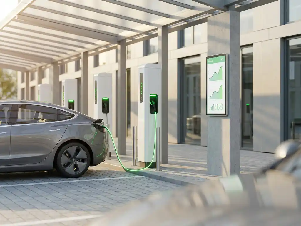 Weiße EV-Ladestationen auf einem modernen Firmenparkplatz, ein Fahrzeug lädt aktiv mit grünem Statuslicht und digitalem Lastanzeige-Display.