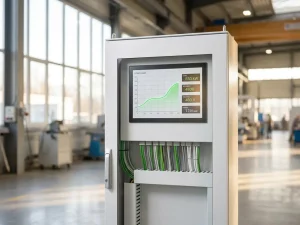 Digitales Energiemessgerät mit grünen Lastkurven in modernem Schaltschrank, sonnendurchflutete Produktionshalle im Hintergrund.