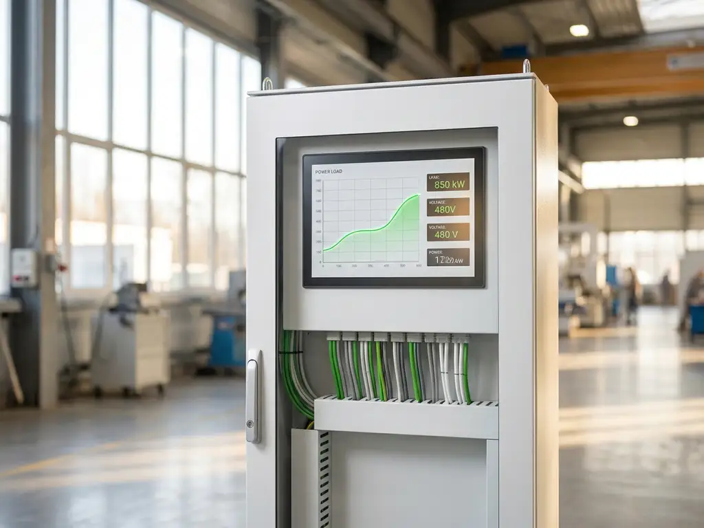 Digitales Energiemessgerät mit grünen Lastkurven in modernem Schaltschrank, sonnendurchflutete Produktionshalle im Hintergrund.
