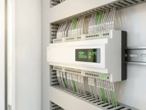 Weißes Industrie-Steuergerät im Schaltschrank mit LED-Statusanzeigen, beschrifteten Klemmenblöcken und digitalem Display.