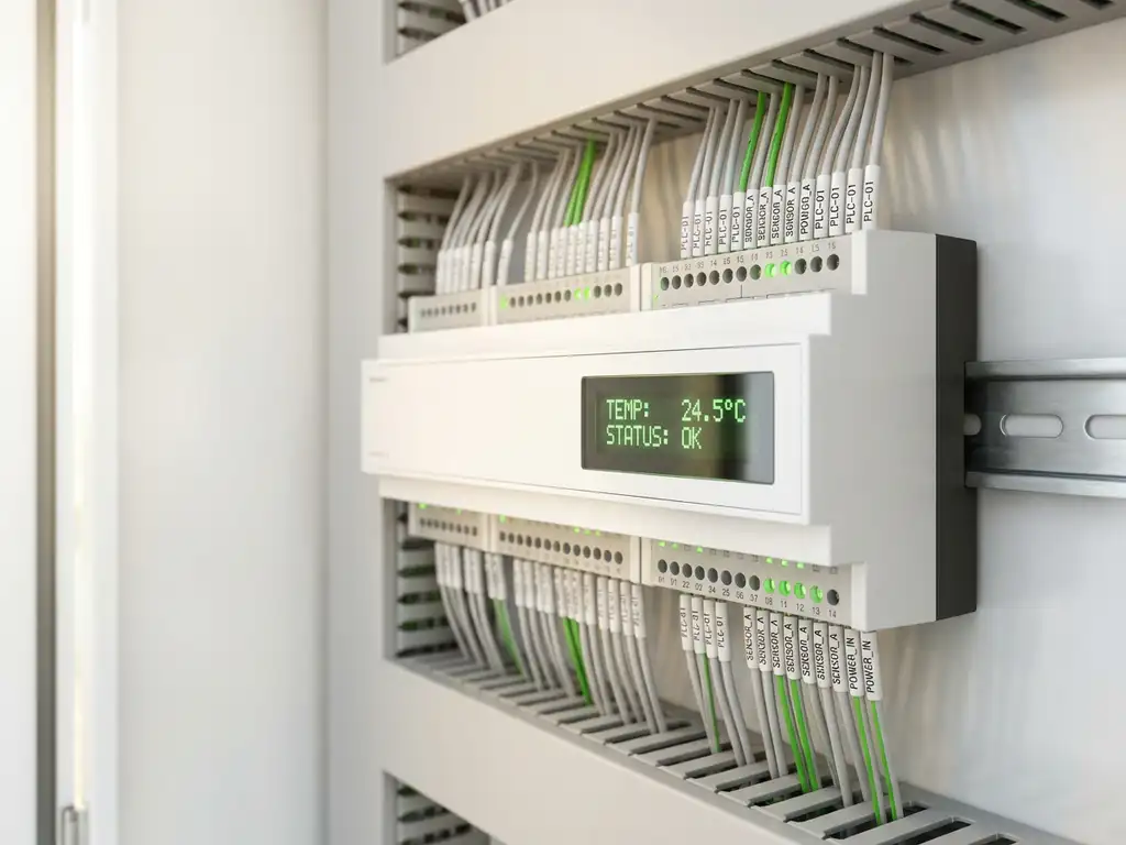 Weißes Industrie-Steuergerät im Schaltschrank mit LED-Statusanzeigen, beschrifteten Klemmenblöcken und digitalem Display.