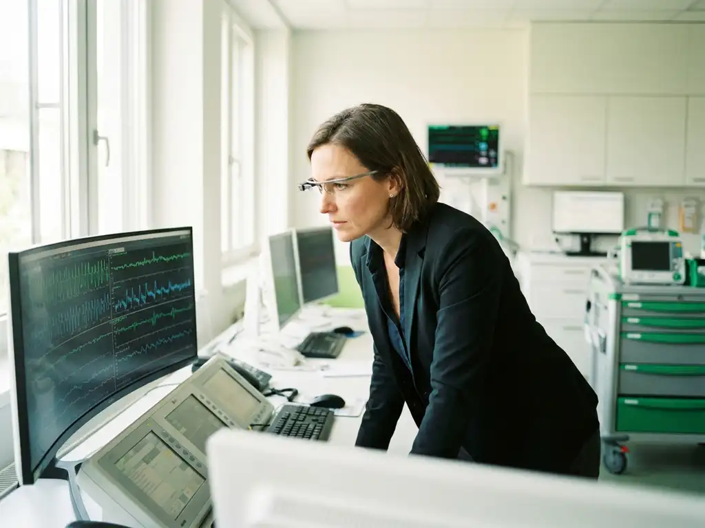 Energiemanager analysiert Echtzeit-Stromverbrauchsgrafiken auf einem Monitor im modernen Krankenhaus-Kontrollraum.
