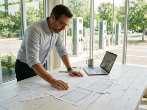 Ingenieur analysiert Lastberechnungsdiagramme am Schreibtisch, im Hintergrund Elektrofahrzeug-Ladestationen durch Panoramafenster sichtbar.