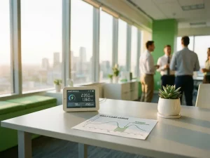 Moderner Energieleitstand mit Stromzähler-Display und Lastkurven-Diagramm zur Spitzenlastreduzierung, grüne Pflanze, helles Tageslicht