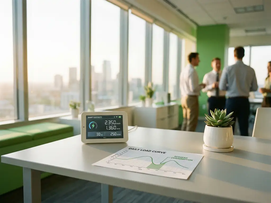 Moderner Energieleitstand mit Stromzähler-Display und Lastkurven-Diagramm zur Spitzenlastreduzierung, grüne Pflanze, helles Tageslicht