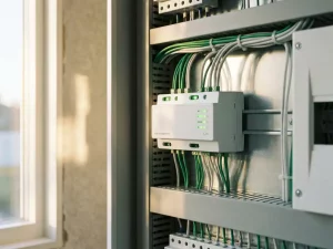 Weißes Lastmanagement-Gerät mit grünen LED-Statusanzeigen in einem ordentlichen Elektroverteiler, beleuchtet durch natürliches Tageslicht.