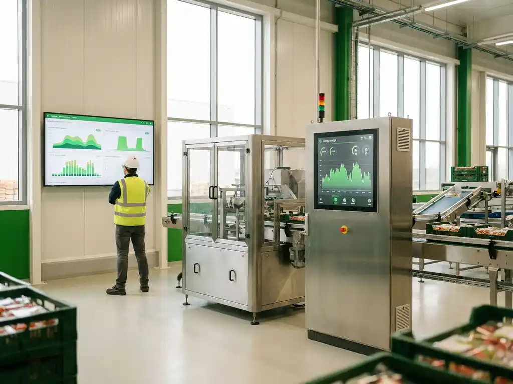 Ingenieur analysiert Energieverbrauchsdaten an einem Wandbildschirm in einer modernen Lebensmittelproduktionsanlage mit Edelstahlmaschinen.