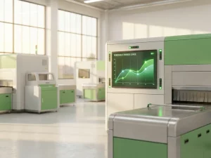 Helle Produktionshalle mit Industriemaschinen und digitalem Energiemonitor, der grüne Verbrauchskurven anzeigt, bei natürlichem Tageslicht.