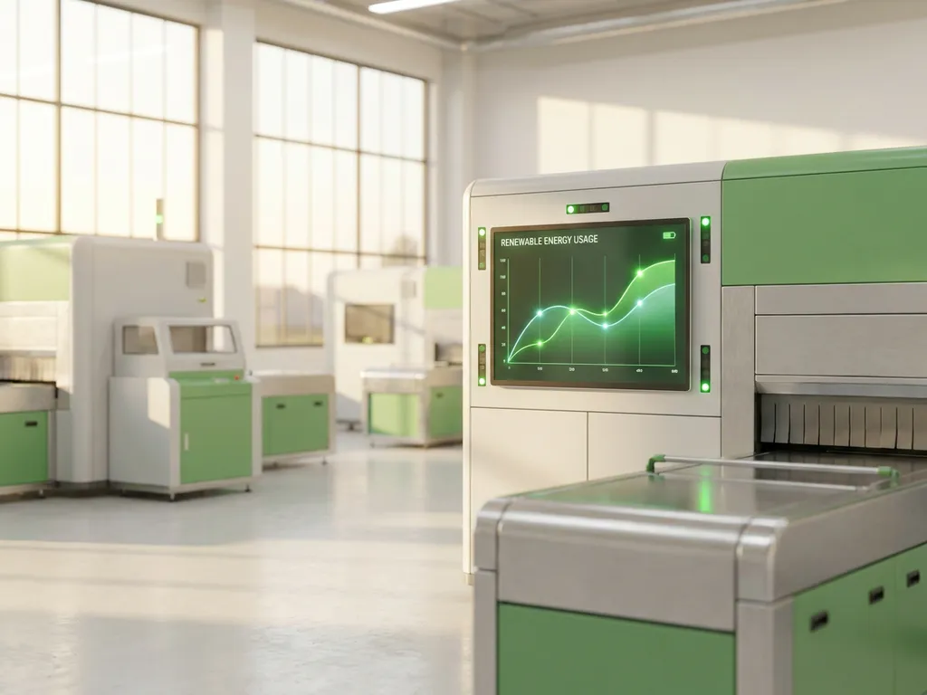 Helle Produktionshalle mit Industriemaschinen und digitalem Energiemonitor, der grüne Verbrauchskurven anzeigt, bei natürlichem Tageslicht.