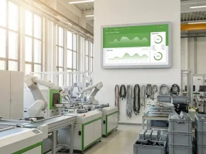Helle Produktionshalle eines Automobilzulieferers mit Montagelinie und digitalem Energieverbrauchsdisplay mit grünen Kurven an der Wand.