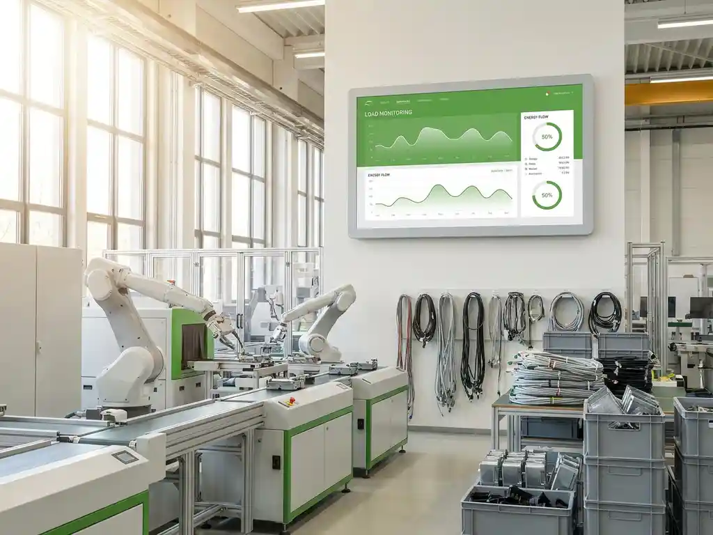 Helle Produktionshalle eines Automobilzulieferers mit Montagelinie und digitalem Energieverbrauchsdisplay mit grünen Kurven an der Wand.
